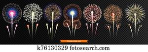 satz, von, bright,, realistisch, feuerwerk, auf, a, durchsichtig, hintergrund., vektor, abbildung satz, von, bright,, realistisch, feuerwerk, auf, a, durchsichtig, hintergrund., vektor, abbildung