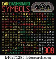 vektor, sammlung, von, auto, armaturenbrett, tafel, anzeiger, und, warnung, lichter vektor, sammlung, von, auto, armaturenbrett, tafel, anzeiger, und, warnung, lichter