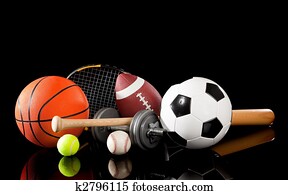 Assorted sports equipment on black Assorted sports equipment on black