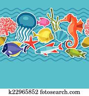 Marine life sticker seamless pattern with sea animals.