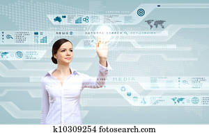 mujer de negocios, y, pantalla del tacto, tecnología