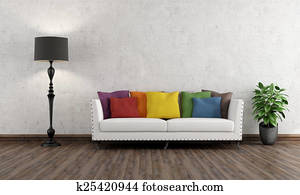 Retro living room with colorful couch Retro living room with colorful couch