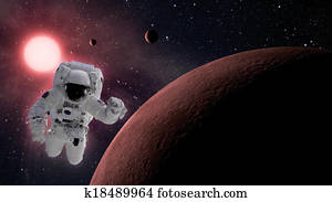 Small planetary system with astronaut in space