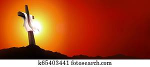 tela, bandera, resurrección, o, crucifixion., vacío, paisaje, con, cruz, en, sunset., cristiano, pascua, concept., 3d, ilustración