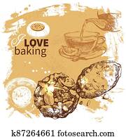 Hand drawn sketch happy birthday bakery vintage background. Tea time vector illustration Hand drawn sketch happy birthday bakery vintage background. Tea time vector illustration