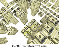 stack of bills placed as streets and building of city isolated