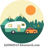 vektor, altmodisch, hintergrund, mit, nature,, forest,, hügel, und, wohnmobil, auto vektor, altmodisch, hintergrund, mit, nature,, forest,, hügel, und, wohnmobil, auto