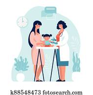 דוגמה, על, חיסון, של, children,, ריפוי ילדים, ו, motherhood,, אמא וילד, ב, הרופא, *s*, appointment., דירה, וקטור, דוגמה, הפרד, בלבן, רקע.