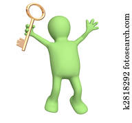 3d puppet, holding in hand a gold key