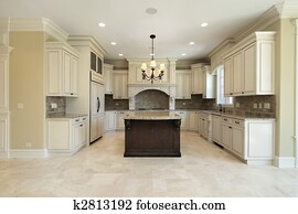 cocina, con, granito, isla