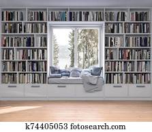 Reading place with wooden floor, bookshelves, white wall Reading place with wooden floor, bookshelves, white wall