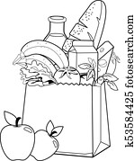 Bag with groceries. Vector black and white coloring page