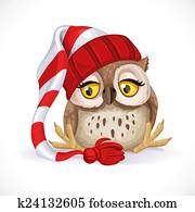 Cute owlet in a cap sits and wants to sleep Cute owlet in a cap sits and wants to sleep