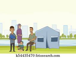 Family homeless or refugees, a man and a woman with children in the big city. Vector illustration with copyspace. Family homeless or refugees, a man and a woman with children in the big city. Vector illustration with copyspace.