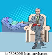 Pop Art Psychotherapy Visit with Senior Psychotherapist. Vector illustration