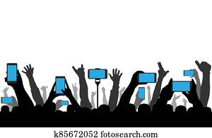 ידיים, להחזיק, phones,, smartphones, ברקע, של, הרם, בן אנוש, hands., צללית, של, שמח, דחוס, של, אנשים, ב, הופעה, או, ספורט, מקרה, ו, וכו'., וקטור, דוגמה