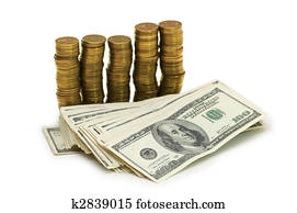 Dollars and coins isolated on the white background