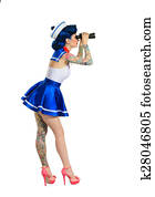 menina, com, binóculos, estilo retro