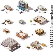 Vector isometric buildings set Vector isometric buildings set