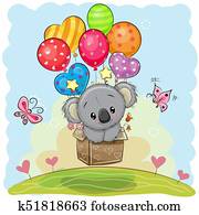 חמוד, ציור היתולי, קואלה, עם, בלונים