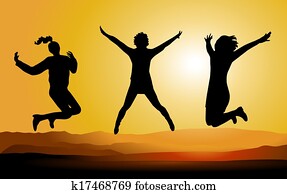 シルエット, の, 幸せ, 跳躍, 人々。