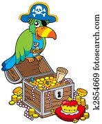 Big treasure chest with pirate parrot Big treasure chest with pirate parrot