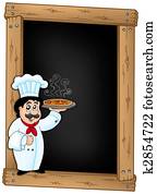 Blackboard with chef holding pizza Blackboard with chef holding pizza