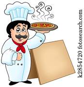 Chef holding pizza with table Chef holding pizza with table
