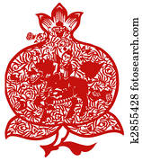 Chinese paper-cut of kirin and peach Chinese paper-cut of kirin and peach