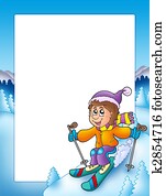 Frame with cartoon skiing boy Frame with cartoon skiing boy