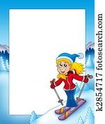 Frame with cartoon skiing woman Frame with cartoon skiing woman