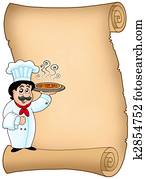 Scroll with chef holding pizza Scroll with chef holding pizza