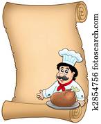 Scroll with chef with roasted meat Scroll with chef with roasted meat
