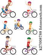 Sports family. Mom, Dad and kids ride bikes