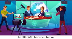 טלויזיה, studio,, טלוויזיה, מגישים, לדווח, חדשות