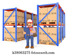 3D Storekeeper checking pallets in the warehouse 3D Storekeeper checking pallets in the warehouse