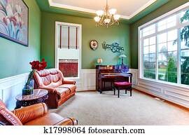 Luxus, blockhaus, wohnzimmer, mit, leder, sofa. Stock Fotografie