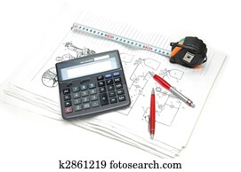Calculator and pencils over the  engineering drawings