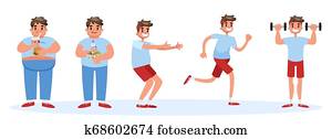 From fat to thin banner concept. Overweight man From fat to thin banner concept. Overweight man