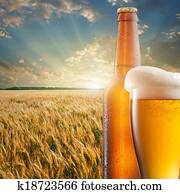 Glass of beer and bottle against wheat field and sunset