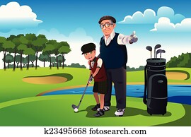 Grandfather teaching his grandson playing golf Grandfather teaching his grandson playing golf