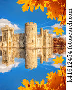 Historic Bodiam Castle with autumn leaves in East Sussex, England