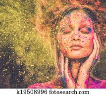 mulher jovem, musa, com, criativo, arte corpo, e, penteado