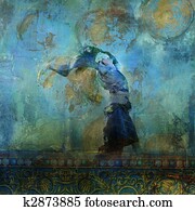 Upraised woman with colorful dress blowing on a sand dune. Moon and stars. Photo based illustration. 