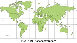 עולם, מארכאטור, מפה, עם, ארצות, ו, longitude,, חופש פעולה, קוים