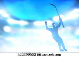 Hockey player celebrating goal, victory with hands and stick up Hockey player celebrating goal, victory with hands and stick up