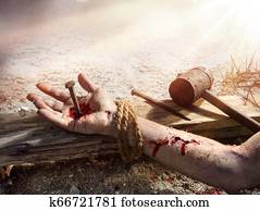 kreuzigung, von, jesus, -, christus, genagelt, auf, hölzern, kreuz