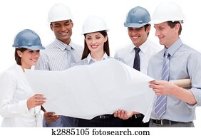 mehrfach-ethnisch gruppe, von, architekten, tragen, hardhats