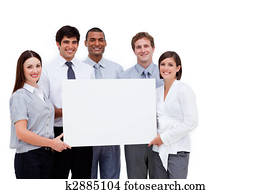 Multi-ethnic business people holding a white card 
