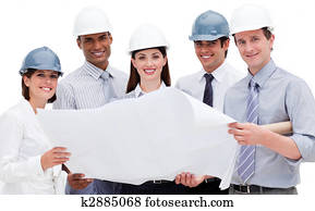 um, diverso, grupo, de, arquitetos, segurando, um, blueprint